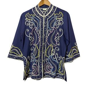 VTG Women Medium Handcrafted Embroidery Tunic Navy‎ Blue Paisley Cut-out Quirky